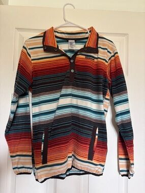 Cinch Striped Fleece Pullover - Teal, Orange, Brown, Cream